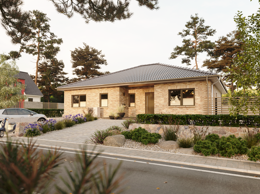 Bungalow 128 Straßenansicht mit Klinkerfassade in Aurora Bungalow 128 mit Aurora-Klinkerfassade, Vorgarten mit Natursteinen und moderner Hauseingang