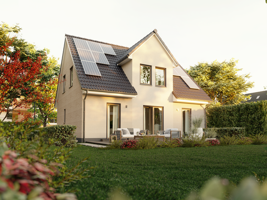 Einfamilienhaus-Flair-134 Blick vom Garten auf Flair 134 mit einer umweltfreundlichen PV-Anlage für nachhaltiges Wohnen.